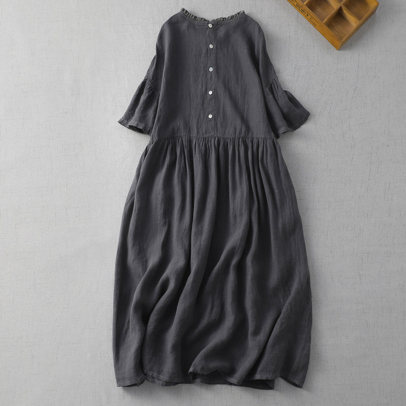 SİYAH DANTEL DETAYLI KETEN ELBİSE