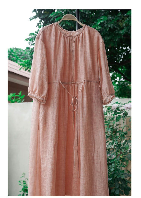 PEMBE BAĞCIKLI PAMUK KETEN ELBİSE