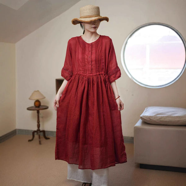 İŞLEMELİ KETEN ELBİSE