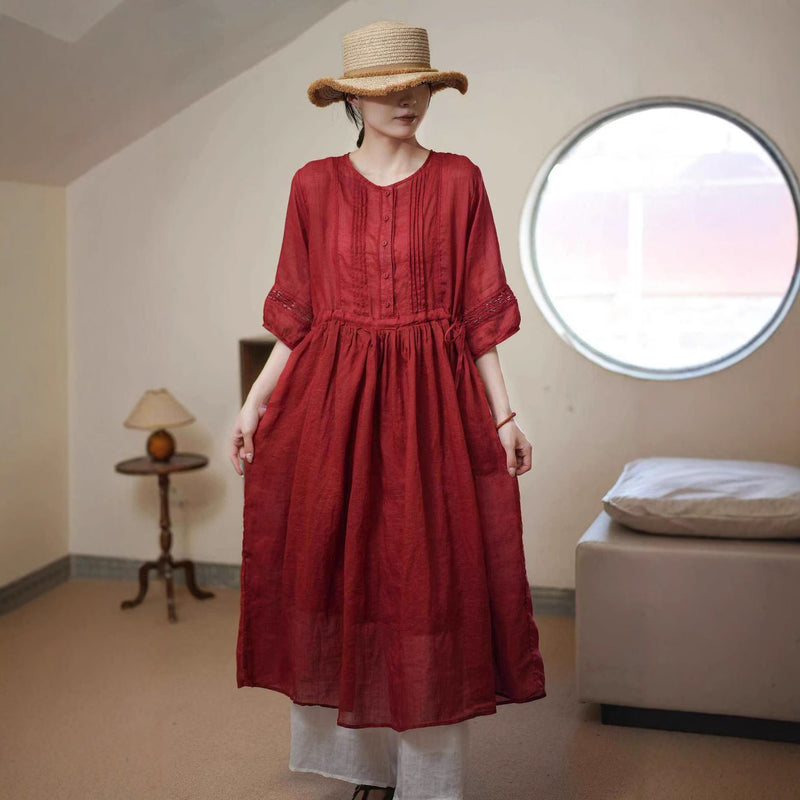 İŞLEMELİ KETEN ELBİSE