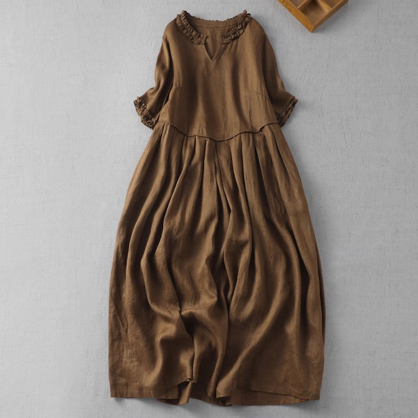 KAHVERENGİ KETEN ELBİSE