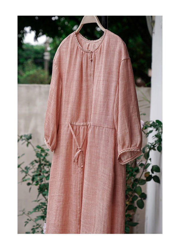 PEMBE BAĞCIKLI PAMUK KETEN ELBİSE