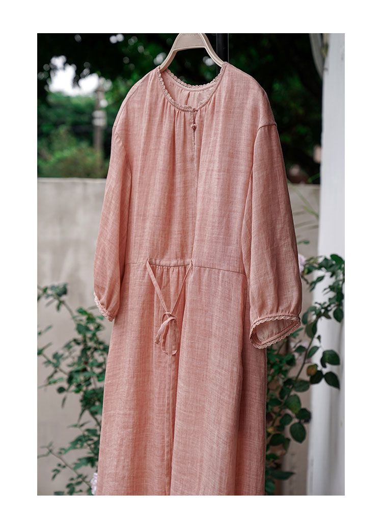 PEMBE BAĞCIKLI PAMUK KETEN ELBİSE
