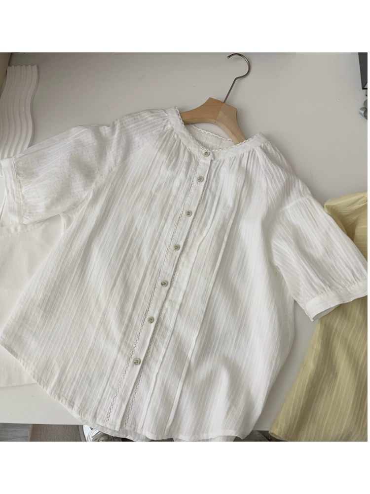 SARI BEYAZ KISA KOLLU PAMUK GÖMLEK