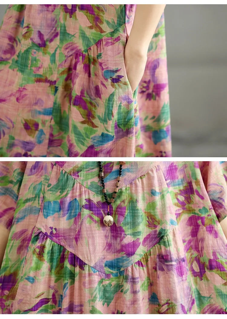 YAZLIK RENKLI PAMUK KETEN ELBİSE