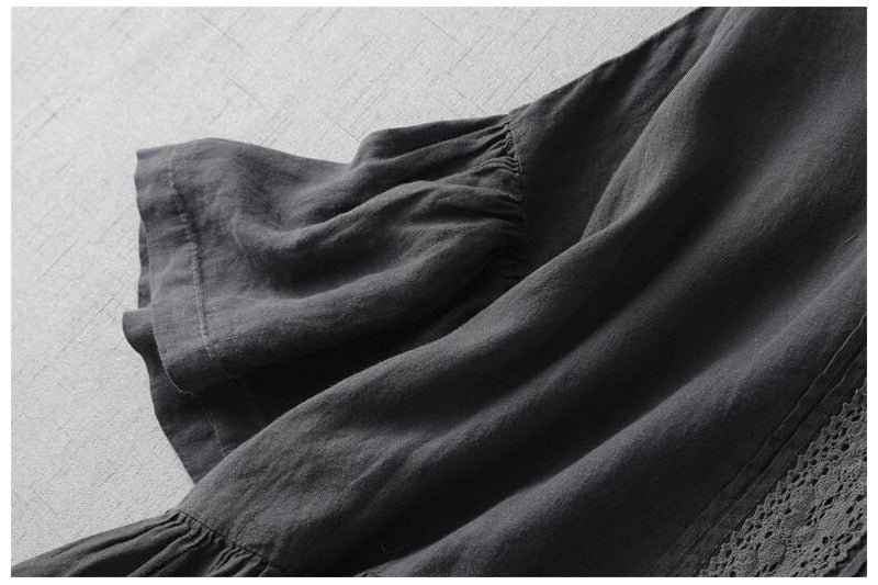 SİYAH DANTEL DETAYLI KETEN ELBİSE