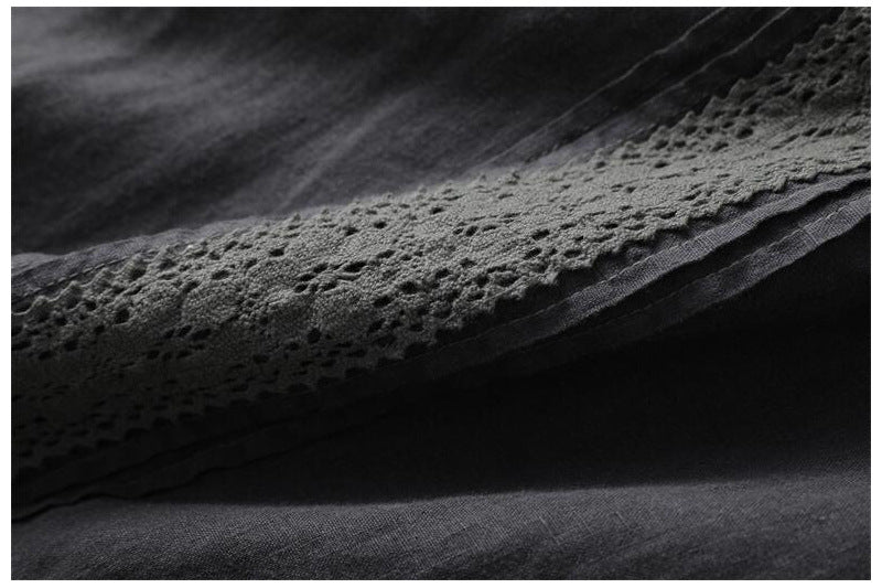 SİYAH DANTEL DETAYLI KETEN ELBİSE