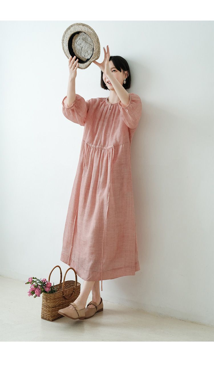 PEMBE BAĞCIKLI PAMUK KETEN ELBİSE