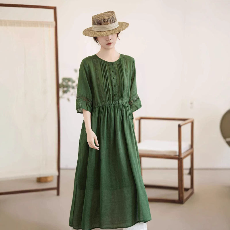 İŞLEMELİ KETEN ELBİSE