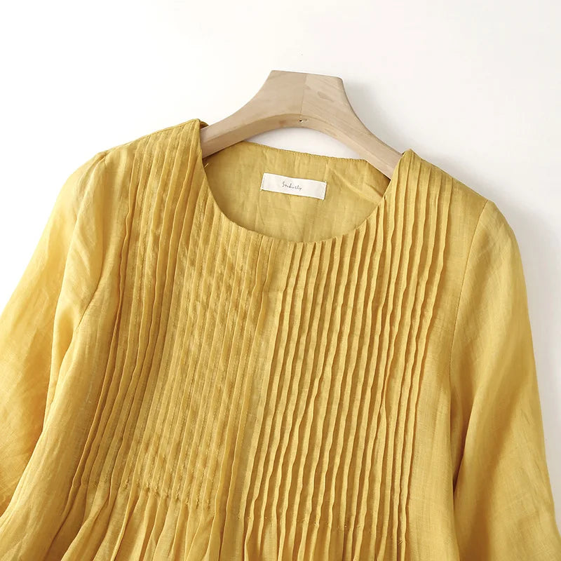 YAZLIK SARI PİLELİ KETEN ELBİSE