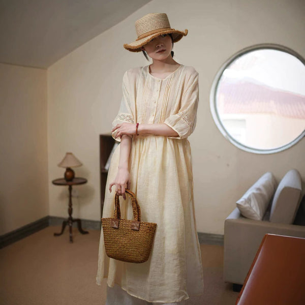 İŞLEMELİ KETEN ELBİSE