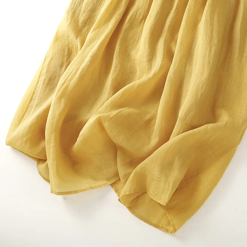 YAZLIK SARI PİLELİ KETEN ELBİSE