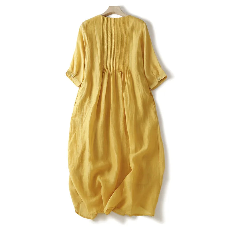 YAZLIK SARI PİLELİ KETEN ELBİSE