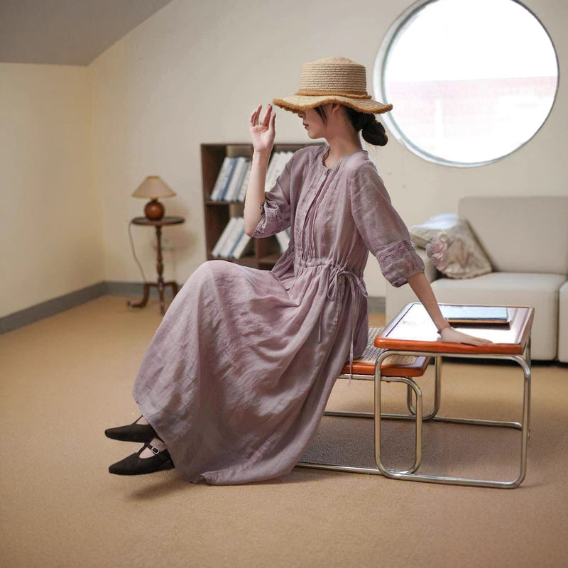 İŞLEMELİ KETEN ELBİSE