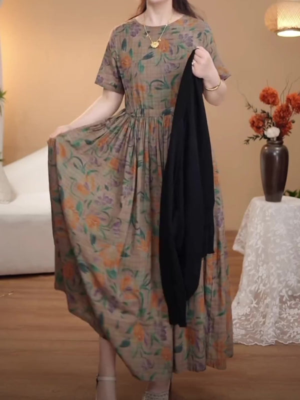 Yuvarlak Yakalı Kısa Kollu Retro Elbise