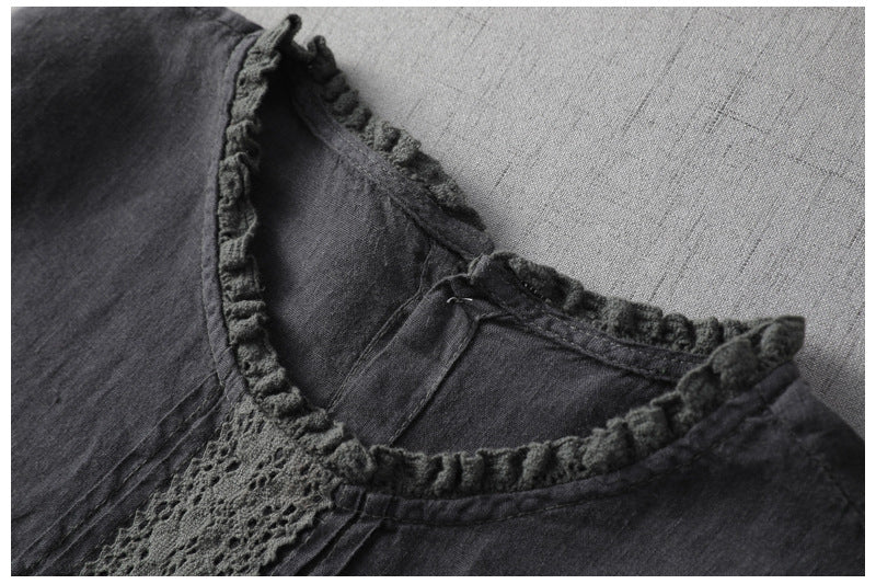 SİYAH DANTEL DETAYLI KETEN ELBİSE