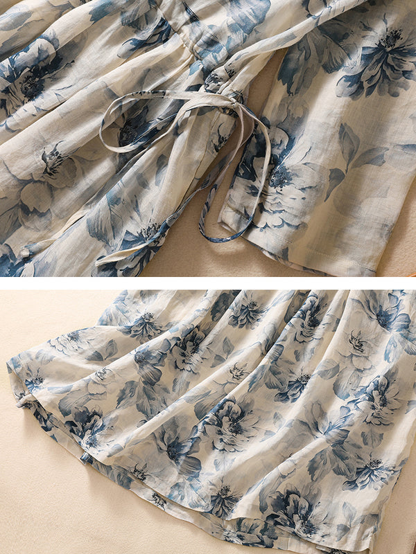 ÇİÇEK DESENLİ KETEN ELBİSE