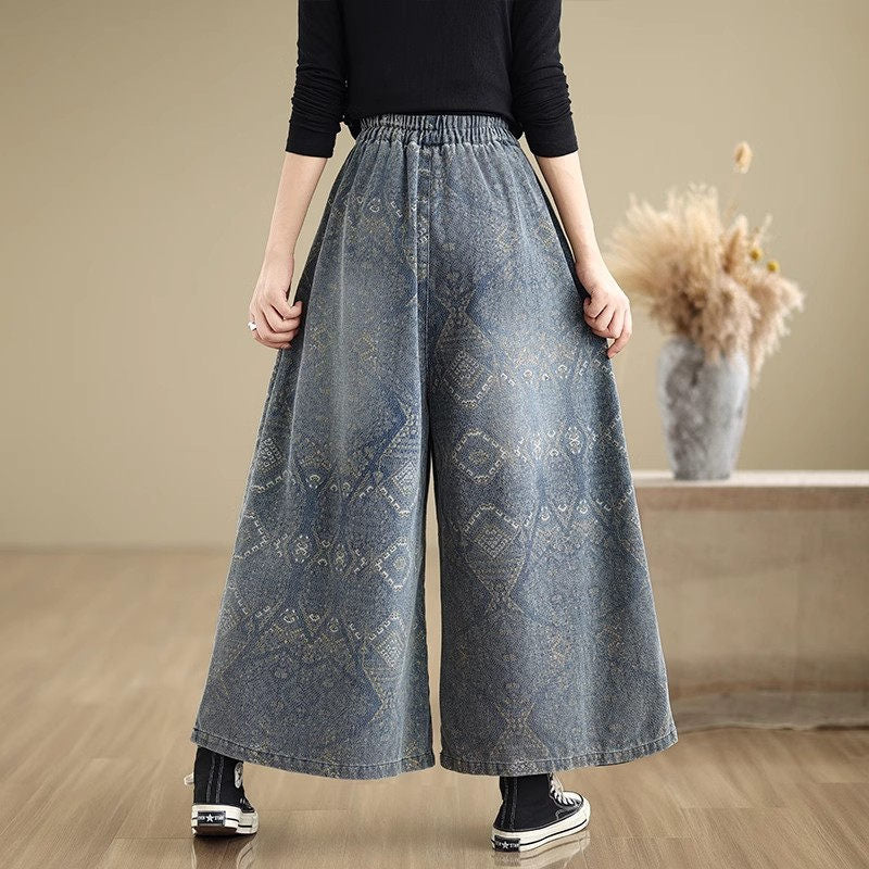 GENİŞ PAÇA DESENLİ KOT PANTOLON