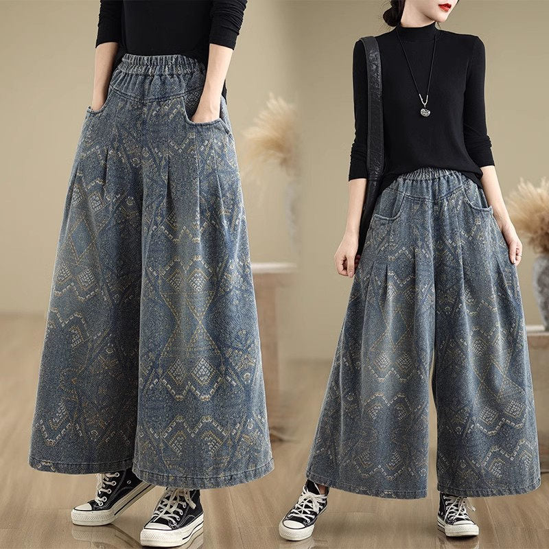 GENİŞ PAÇA DESENLİ KOT PANTOLON